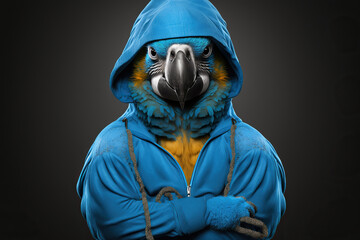 Fit parrot in sportswear blue studio portrait, concept of Athletic and Posing, created with Generative AI technology