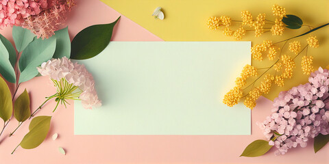 card for invitation or congratulation. easter card with spring flowers, woman's day, 8 march, Easter, mother's day, birthday card, anniversary, copy space, generative ai