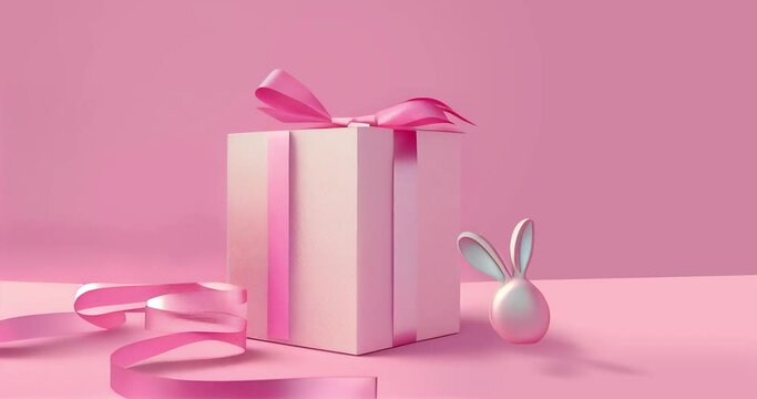 a pink rabbit dances near a pink box with a gift on a pink background. 4k motion animation