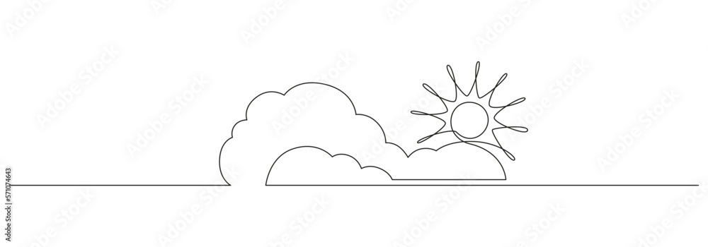 Poster one continuous line drawing of clouds with sun in the sky. weather symbol and storage concept in sim
