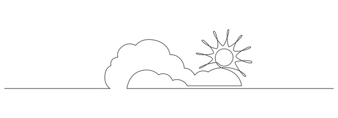 One continuous line drawing of Clouds with sun in the sky. Weather symbol and storage concept in simple linear style. Editable stroke. Doodle vector illustration