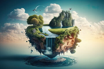 Surreal float landscape with waterfall paradise, generative ai