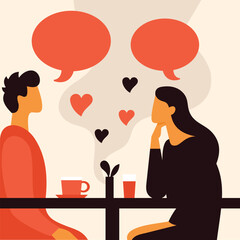 Man and woman are sitting in romantic cafe fltat vector illustration