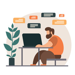Man working online with laptop flat vector illustration