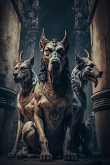 Cerberus, the hound of Hades, from Greek mythology is the guardian to the entrance to the underworld. The legendary three headed monster dog of myth and fantasy , Generative AI