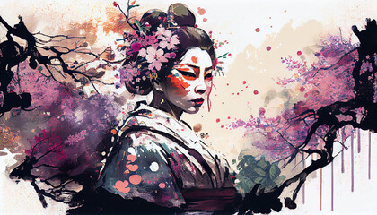 Japanese geisha woman in kimono in a sakura blossom garden. Digital art, painting, Generative AI