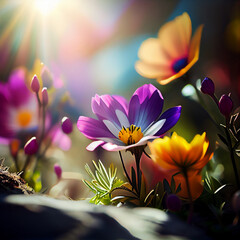 Fototapeta premium Beautiful colorful spring flowers and grass field in a sunny day, generative ai