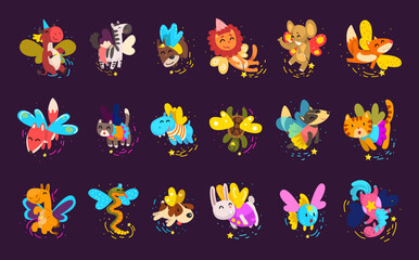Cute flying animals set. Funny snake, cat, lion, hippo, cat, fox, badger, rabbit, dog, zebra flying with wings vector illustration