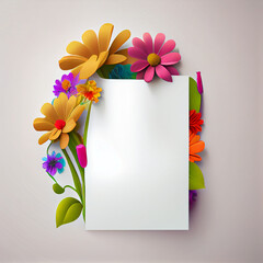 Floral background with white blank greeting card and flowers. Generative AI