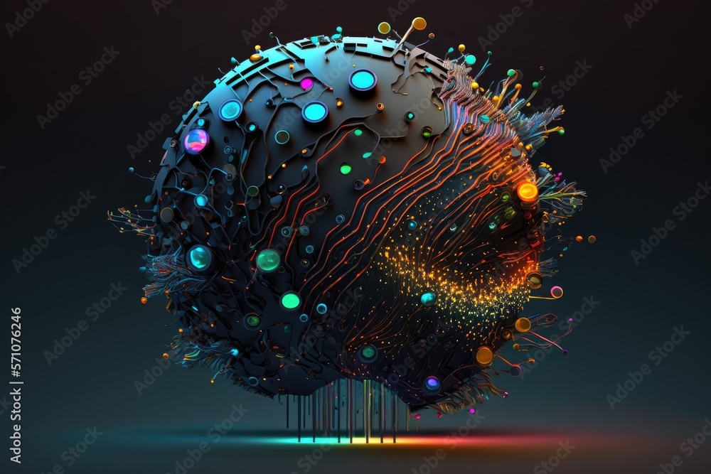 Poster microchip inside cloud of dots and lines in shape of biological brain, organic nervous system. elect