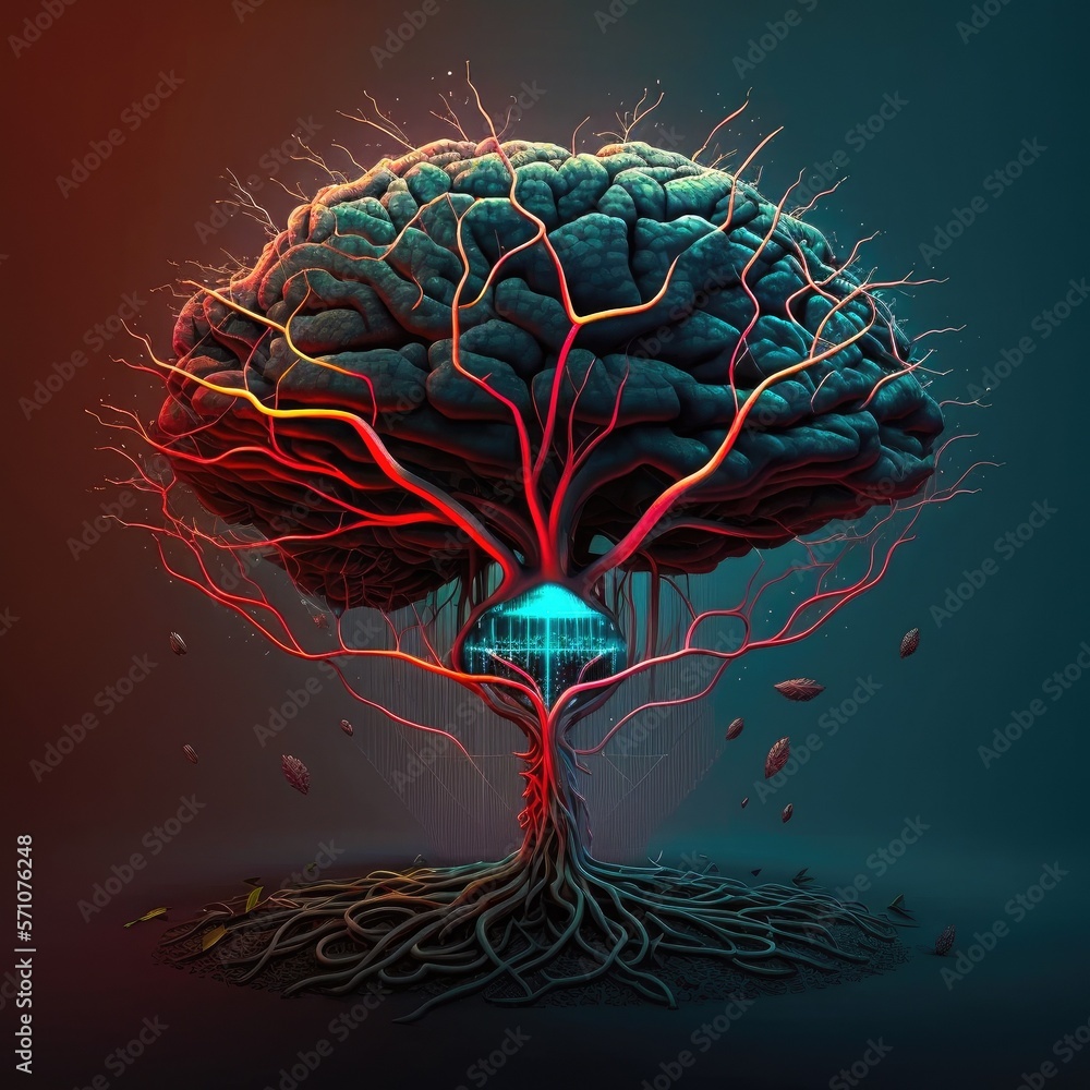 Poster microchip inside cloud of dots and lines in shape of biological brain, organic nervous system. elect