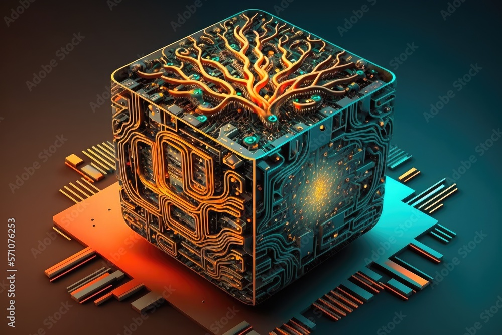 Poster microchip inside cloud of dots and lines in shape of cube, modified biological brain, nervous system
