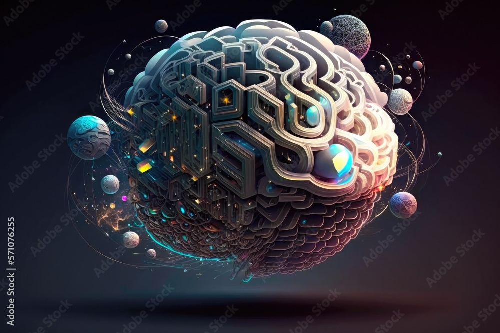 Poster microchip inside cloud of dots and lines in shape of biological brain, organic nervous system. elect