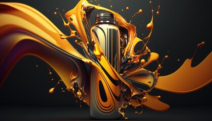 Abstract futuristic background featuring modern glass or plastic bottle with glowing golden pattern around, AI Generative