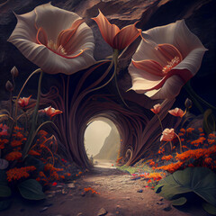 Fantasy landscape magical forest background with big flowers. Generative AI