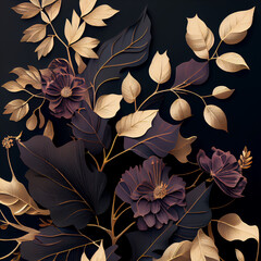 Golden flowers on black background, elegant floral wallpaper. Generative AI