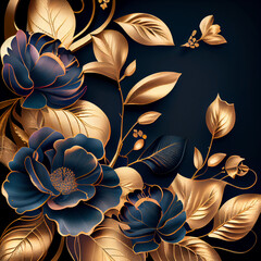 Golden flowers on black background, elegant floral wallpaper. Generative AI