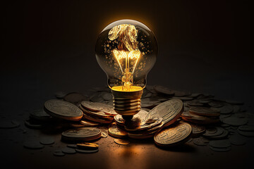 Obraz na płótnie Canvas Gold coins glow inside a light bulb, concept of Luxury and Wealth, created with Generative AI technology