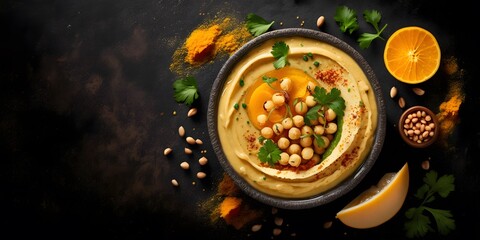 Obraz na płótnie Canvas hummus with chickpeas spices and copyspace generative ai 