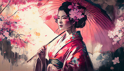 Portrait of a Geisha in kimono with an umbrella. Digital art, Generative AI - obrazy, fototapety, plakaty