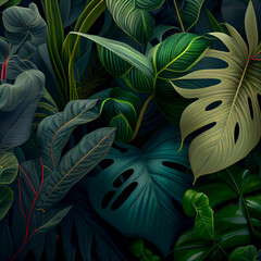 Tropical leaves background, jungle rainforest plants wallpaper. Generative AI