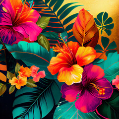 Tropical leaves background, jungle rainforest plants wallpaper. Generative AI