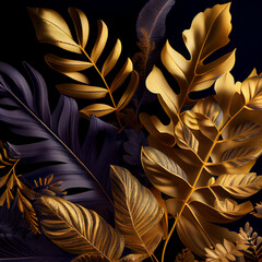Tropical golden leaves background, jungle rainforest plants wallpaper. Generative AI