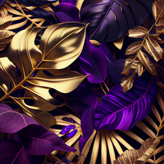 Tropical golden leaves background, jungle rainforest plants wallpaper. Generative AI