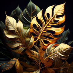 Tropical golden leaves background, jungle rainforest plants wallpaper. Generative AI