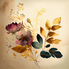 Dried watercolor flowers and plants over antique vintage card. Generative AI