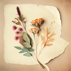 Dried watercolor flowers and plants over antique vintage card. Generative AI