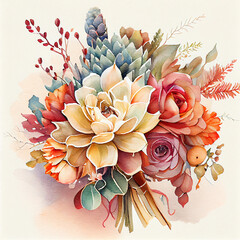 Watercolor wild flowers background, aquarelle spring flowers illustration. Generative AI