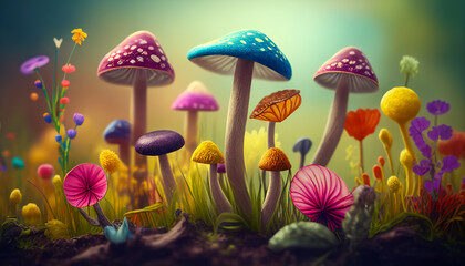 Illustration of low angle view of colorful mushrooms, AI generated image.