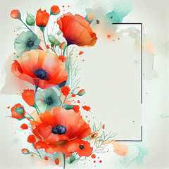 Watercolor poppy flowers greeting card background. Generative AI