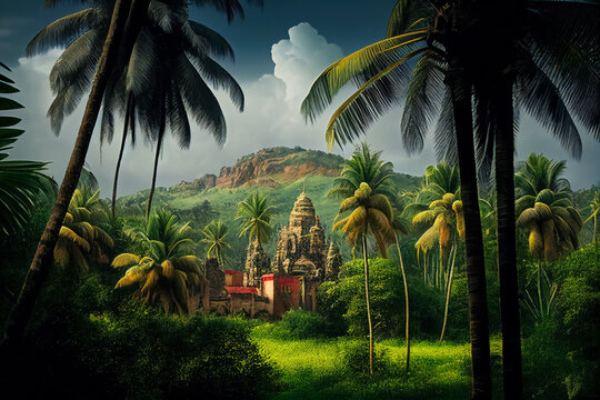 Illustration of Hindu temple in a village  between palm trees, AI generated image
