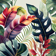 Tropical watercolor plants background, jungle rainforest leaves wallpaper. Generative AI
