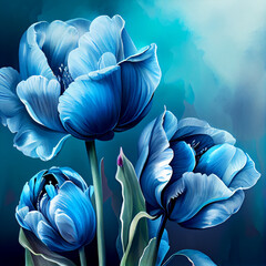 Watercolor blue tulip flowers greeting card background. Generative AI