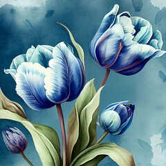 Watercolor blue tulip flowers greeting card background. Generative AI