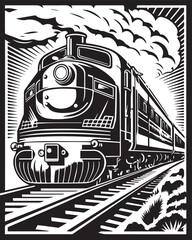 steam locomotive in the mountains linocut vector illustration