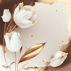 Watercolor white tulip flowers greeting card background with tulips plants. Generative AI