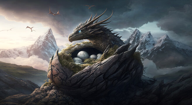 Nesting female dragon watching over her nest, high up in the mountains.  Image created with generative ai