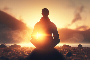 Silhouette of a man practicing yoga at sunrise. Generative AI