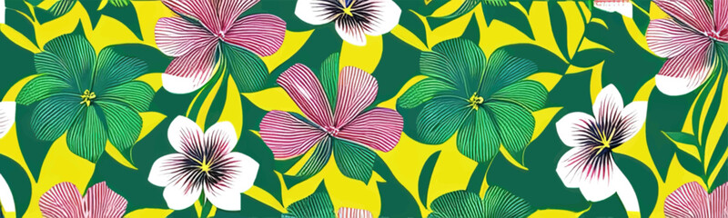 Background with lush floral pattern, featuring tropical flowers in an abstract artful print, perfect for summer fashion.