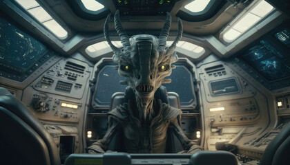 Humanoid Alien Lifeform Pilot in UFO. Generative AI.