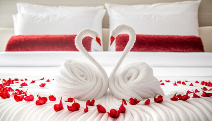 Two swans made from towels are kissing on honeymoon white bed. Valentine signature made from red rose flower on bed decoration in bedroom. Valentine background. honey moon. digital art