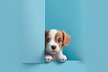 beagle puppy in a box, baby blue background, generative ai