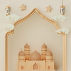 Islamic decoration background window border ramadan kareem banner template with 3d illustration mosque, lantern, cloud, crescent and stars copy space