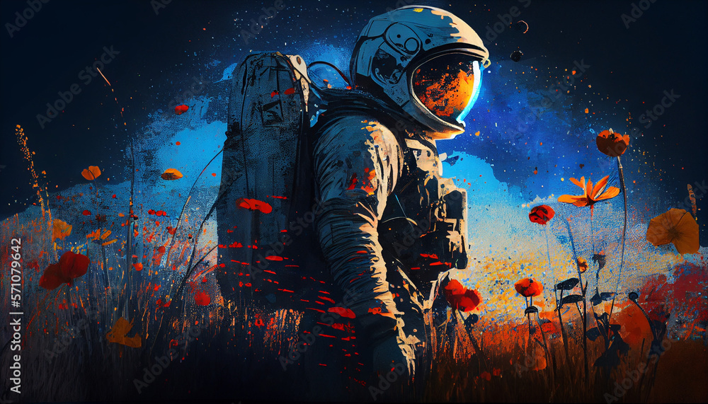 Poster astronaut in a spacesuit in a field of red poppies. artwork, painting, generative ai
