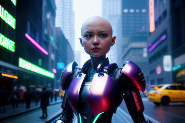 Beautiful Bald Woman Robot Cyborg Purple Armor in Cyberpunk City Generative AI Illustration.
