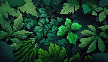 Scene covered with green Leaves, Close-Up, Illustration. Generative AI.